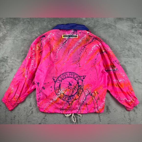 OP Ocean Pacific Hot Pink Splatter Snowboard Team Windbreaker Jacket Girl’s Med - Picture 2 of 12